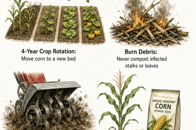 Four essential gardening steps to prevent southern corn leaf blight including crop rotation, burning debris, tilling soil, and planting hybrids