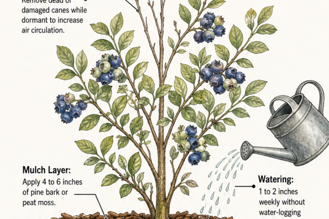 Botanical illustration of a healthy blueberry bush showing winter pruning, mulch layer, soil needs, and watering requirements.