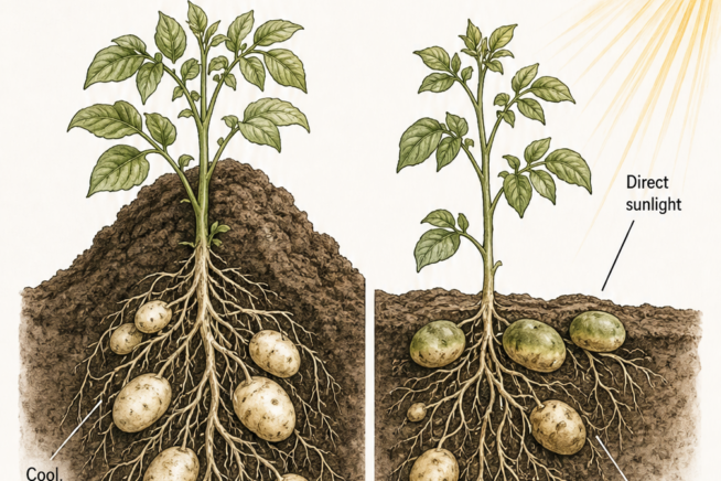 Comparison illustration showing a properly hilled potato plant with healthy white tubers versus an unhilled plant with green tubers exposed to sunlight.