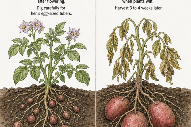 Botanical illustration showing the difference between harvesting new red potatoes and the main crop