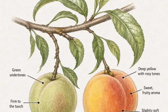Botanical illustration comparing an unripe green peach with a ripe yellow and rosy peach, highlighting signs of ripeness like color, aroma, and firmness.