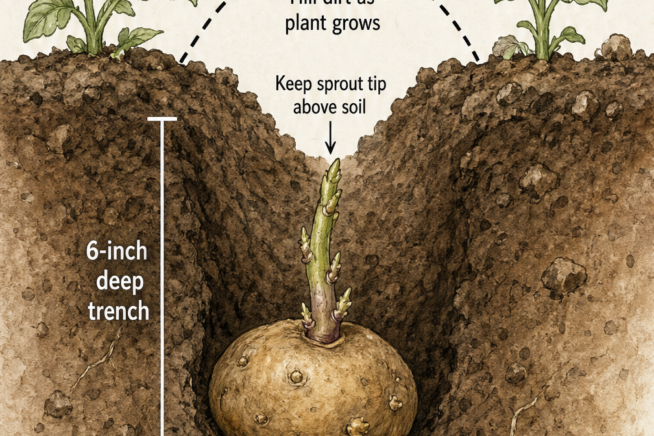 Comparison of a firm potato with small sprouts that is safe to eat versus a soft, green potato with long sprouts that should be discarded.