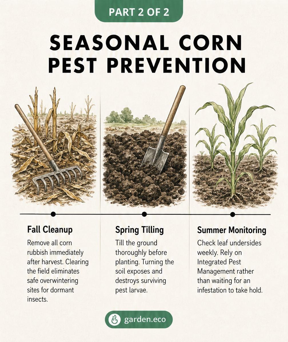 Timeline showing seasonal corn pest prevention steps: fall cleanup, spring tilling, and summer monitoring.