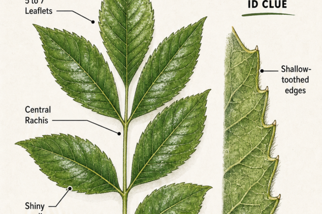 Botanical illustration of a shagbark hickory leaf showing 5 to 7 leaflets, central rachis, and a close-up of shallow-toothed edges with tiny hair tufts.