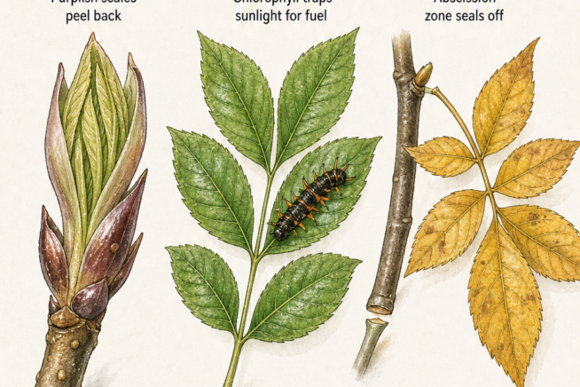 Illustration of the shagbark hickory leaf life cycle from spring bud to summer green leaf with a caterpillar, and golden-yellow fall leaf dropping.