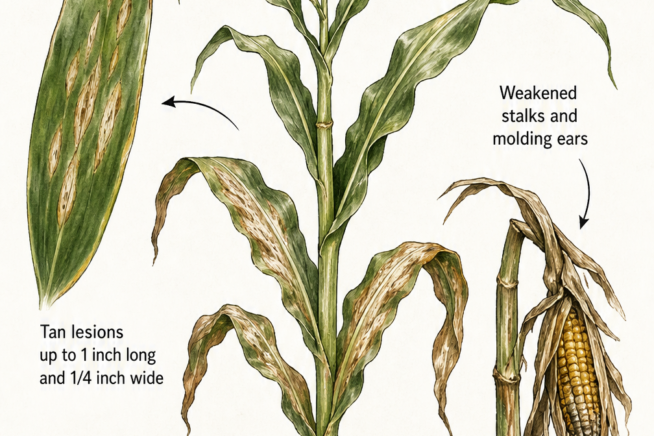 Botanical illustration showing southern corn leaf blight symptoms with tan lesions on lower leaves and weakened stalks