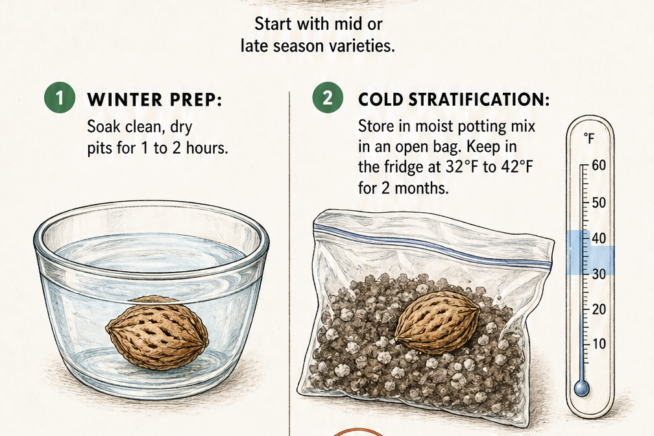 Botanical illustration showing how to cold stratify a peach seed in the fridge