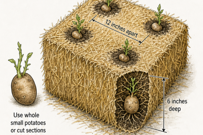 Diagram showing potato spacing in a straw bale, with seed potatoes planted 6 inches deep and 12 inches apart.