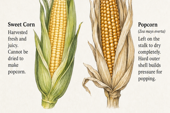 Botanical illustration comparing sweet corn and popcorn ears, showing white and yellow popcorn kernels