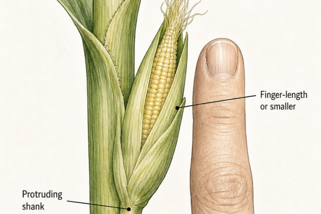 Botanical drawing of a baby corn stalk showing a protruding shank, emerging thin silks, and a finger-length ear ready for harvest.