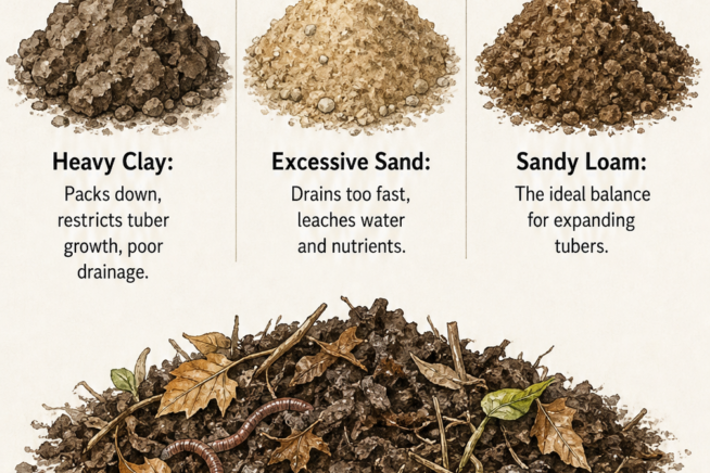 Illustration of three soil types: heavy clay, excessive sand, and sandy loam, with a layer of organic compost showing how to amend problem soils.