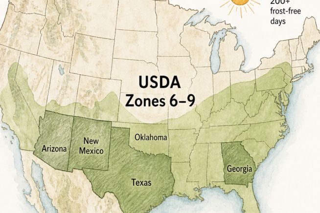 Illustrated map of the southern and central United States showing USDA zones 6 through 9 where pecans are grown.
