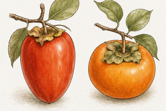Illustration comparing an astringent tomato-red Hachiya persimmon with a non-astringent pumpkin-orange Fuyu persimmon
