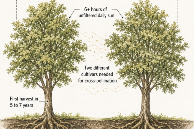 Botanical cross-section of two mature pecan trees showing their deep root systems and wide canopies.