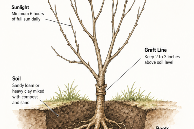 Botanical cross-section illustration showing how to plant a bare root peach tree, detailing graft line placement, soil mix, and watering needs.