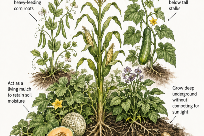 Illustration of the best companion plants for corn including peas, cucumbers, melons, and potatoes