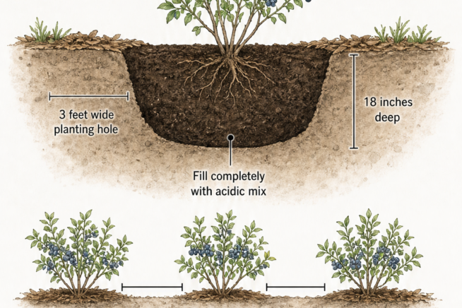 Cross-section illustration of a blueberry bush planted in a 3-foot wide and 18-inch deep hole filled with acidic soil mix.