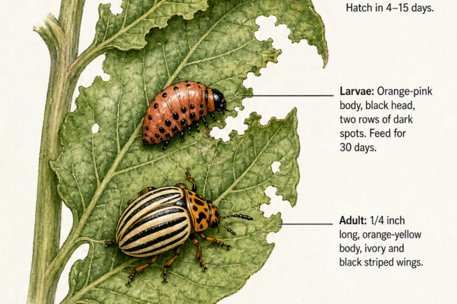 Botanical illustration showing the three life stages of the Colorado potato beetle on a potato leaf: orange egg clusters, orange-pink larvae, and striped adult...