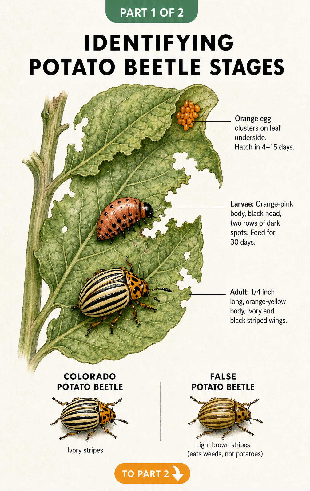 Botanical illustration showing the three life stages of the Colorado potato beetle on a potato leaf: orange egg clusters, orange-pink larvae, and striped adult...