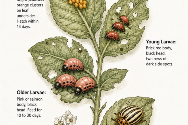 Botanical illustration showing the four growth stages of the Colorado potato bug on a potato leaf, from bright orange eggs to the striped adult.