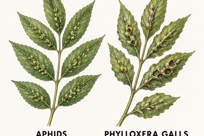 Illustration of common pecan leaf pests, showing aphid clusters and raised phylloxera galls on the leaves.