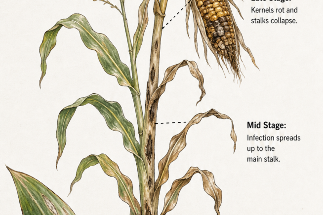 Botanical illustration showing the progression of corn blight from fungal spots on lower leaves to rotting kernels and collapsing stalks.
