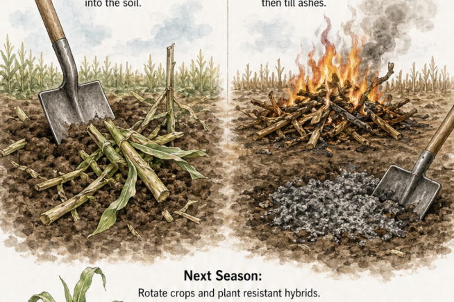 Illustration comparing post-harvest care for healthy corn stalks versus infected crops to prevent fungal spores from overwintering.