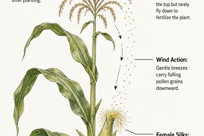 Botanical illustration showing how wind carries pollen from the male tassel down to the female silks of a corn plant, with a bee visiting the top.