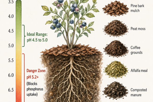 Cross-section illustration of a blueberry bush root zone showing the ideal soil pH range and organic soil acidifiers like pine bark mulch and peat moss.