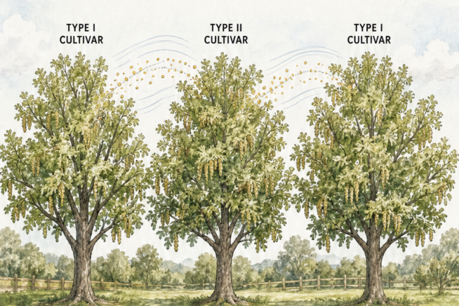 Landscape illustration showing three pecan trees planted 60 to 80 feet apart with wind carrying pollen between different cultivars.