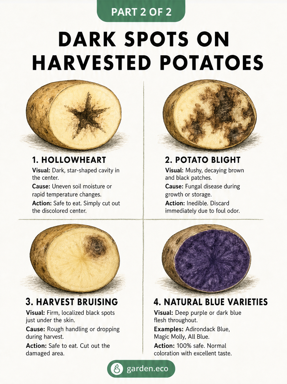 Cross-sections of harvested potatoes showing hollowheart, potato blight, harvest bruising, and natural blue varieties.