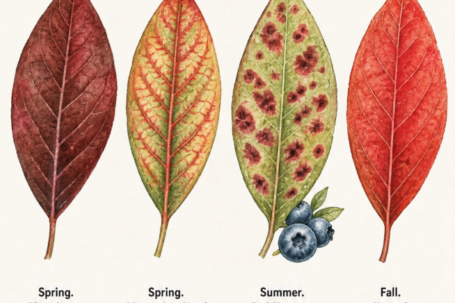 Four watercolor illustrations of blueberry leaves showing different discoloration patterns like maroon, red veins, and red spots to diagnose issues.