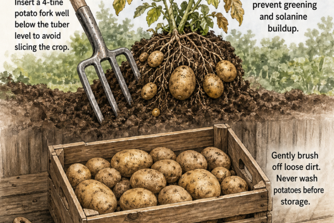 Illustration demonstrating how to dig potatoes with a fork and cure them in a slatted crate.