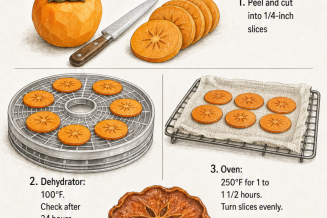 Illustration showing how to dry Oriental persimmon slices in a dehydrator or oven