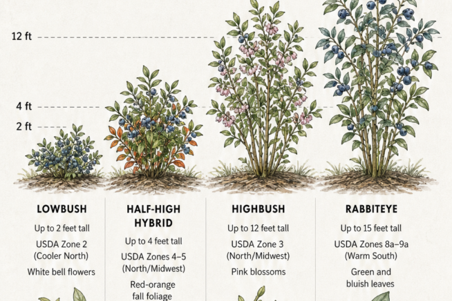 Size comparison of four edible blueberry bush varieties: Lowbush, Half-High Hybrid, Highbush, and Rabbiteye, with USDA zones.