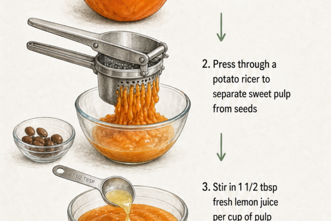 Illustration showing how to freeze American persimmon pulp using a potato ricer and lemon juice
