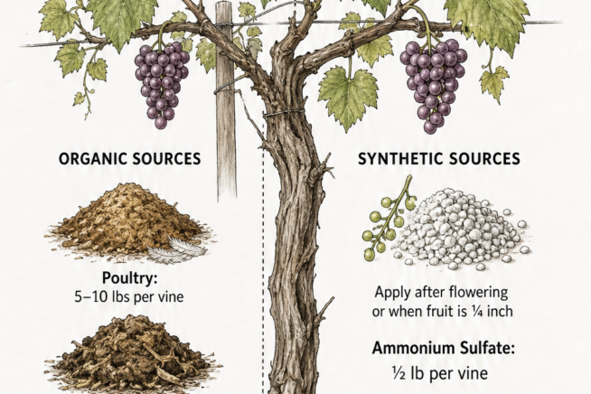 Botanical illustration of a grape vine showing organic and synthetic nitrogen fertilizer amounts