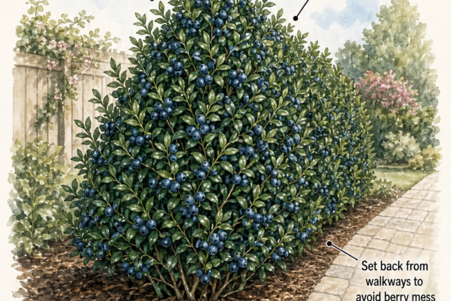 Illustrated cross-section of a conical Japanese blueberry hedge showing growing conditions like full sun, acidic soil, and proper setback from walkways.