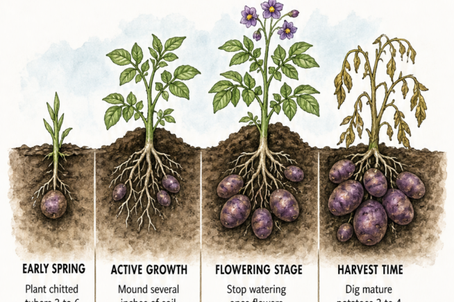 Cross-section illustration of a garden bed showing three growth stages of a purple potato plant: early spring planting, active growth with hilling, and harvest...