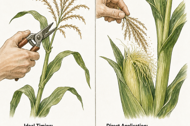 Illustration demonstrating how to hand pollinate sweet corn by snipping a mature tassel and dusting the pollen over the green silks.