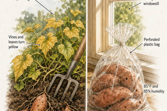 Illustration showing sweet potatoes being harvested with a digging fork in the garden and curing in a perforated plastic bag on a sunny windowsill.