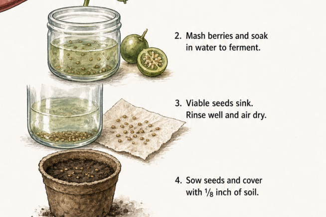 Step-by-step sketches showing how to harvest, ferment, dry, and sow true potato seeds.