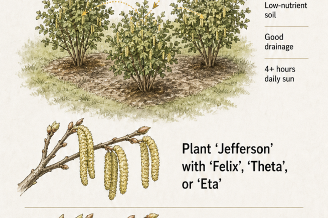 Isometric drawing of three hazelnut shrubs showing wind pollination, with recommended pairings for Jefferson and Yamhill varieties and basic growing...