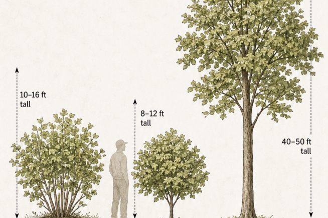 Botanical illustration comparing the sizes and shapes of a multi-stemmed hazelnut shrub, a small hybrid tree, and a large Turkish hazel tree next to a gardener...