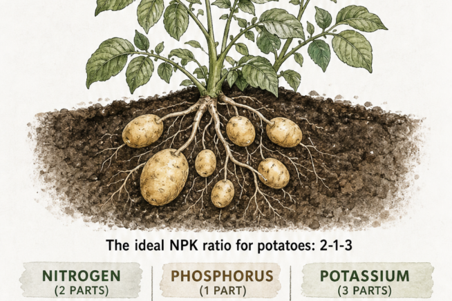 Botanical illustration of a potato plant showing the ideal 2-1-3 NPK fertilizer ratio using alfalfa meal, bone meal, and kelp meal.