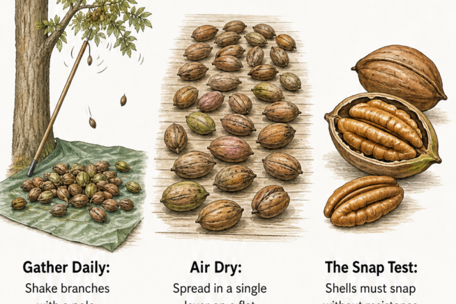 Illustrated guide showing how to gather, air dry, and test pecans for proper curing and storage