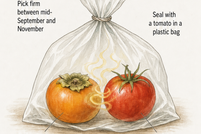 Sketch showing an unripe persimmon and a ripe tomato sealed in a plastic bag to speed up ripening