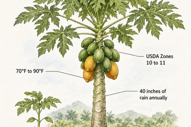 Botanical illustration of a papaya tree showing ideal growing conditions including full sunlight, temperature, and soil pH.