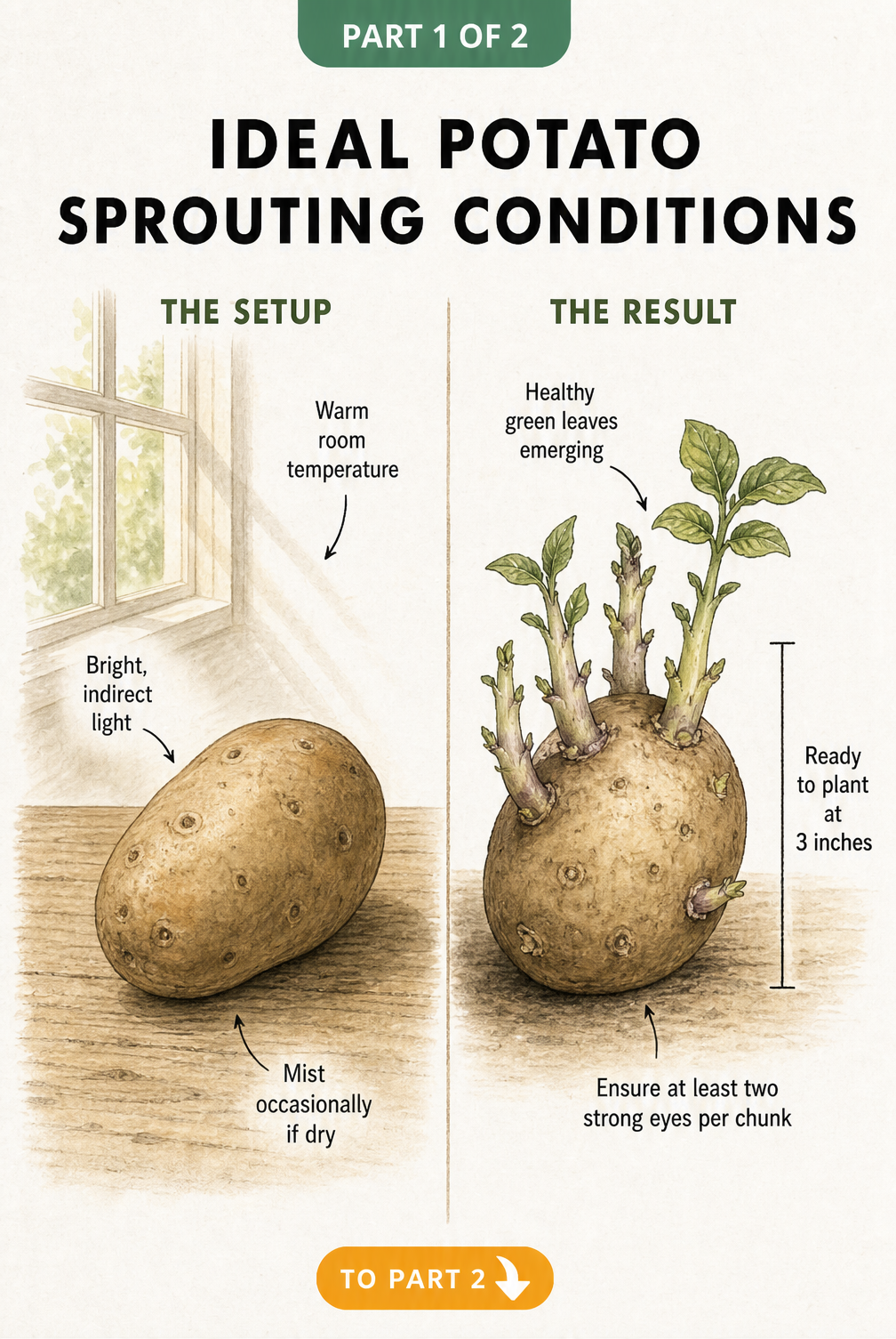 Illustration showing ideal potato sprouting conditions with a whole potato in bright indirect light and a sprouted potato ready to plant