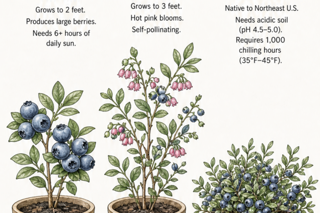 Illustration of three indoor blueberry bush varieties including Top Hat, Sunshine Blue, and Lowbush in pots